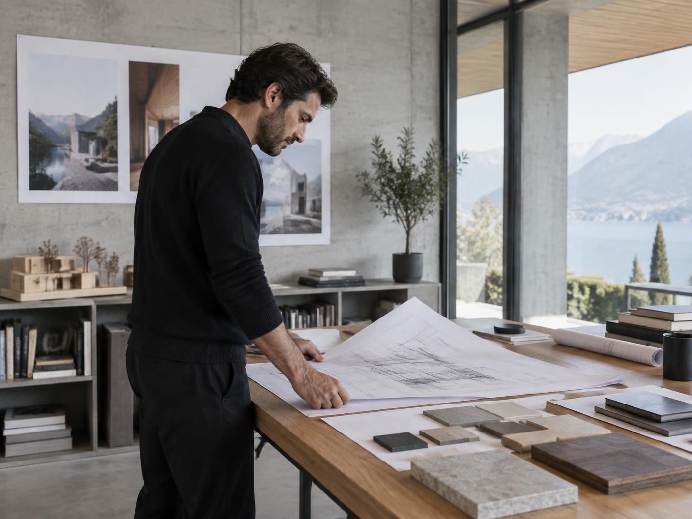 Arkitekt duke punuar me plane dhe mostra materialesh